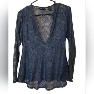 New York & Company Women Teal Lace Deep V-Neck Semi-Sheer Longsleeve Blouse NWOT